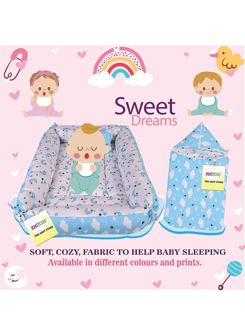 Kwitchy New Born Baby Bedding Set Luxury Mattress with Net Sleeping Bag Combo 06 Months Blue 2PCS Set