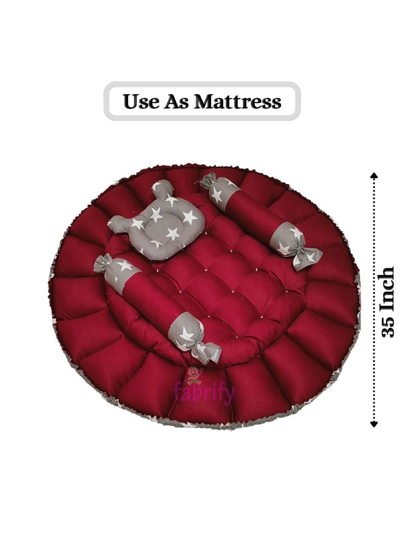 Fabrify Baby Reversible Round Bedding Set Cum Mattress with 3 Multi Shape Pillows for Newborns to Toddlers Unique 012 Month Without Mosquito Net