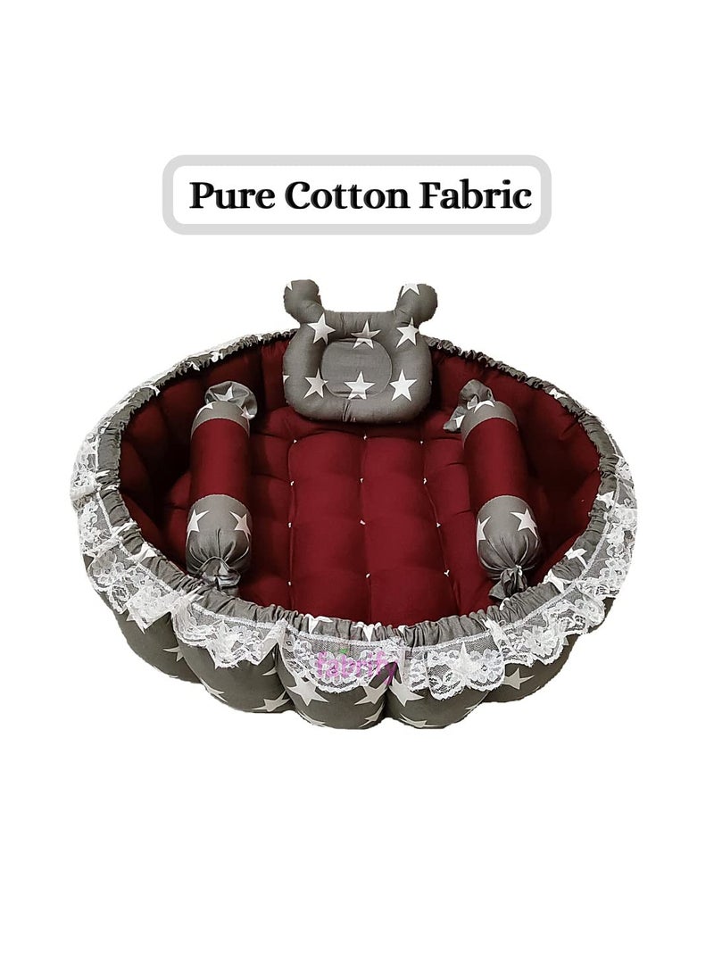 Fabrify Baby Reversible Round Bedding Set Cum Mattress with 3 Multi Shape Pillows for Newborns to Toddlers Unique 012 Month Without Mosquito Net