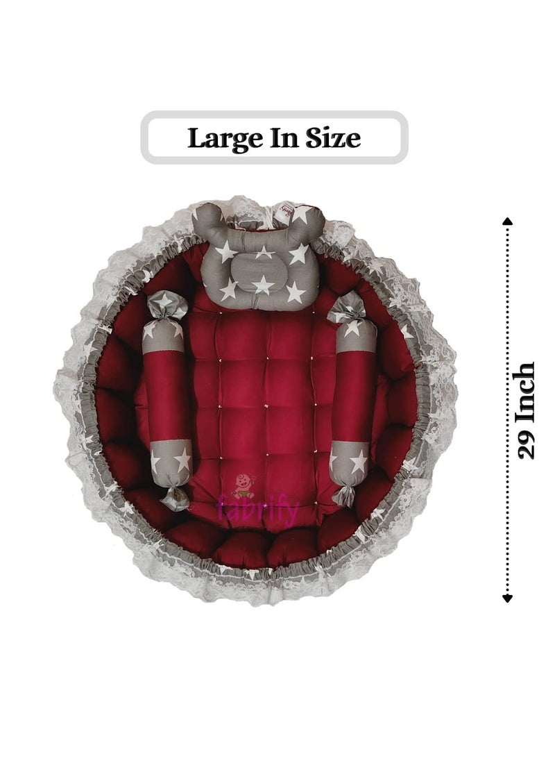 Fabrify Baby Reversible Round Bedding Set Cum Mattress with 3 Multi Shape Pillows for Newborns to Toddlers Unique 012 Month Without Mosquito Net
