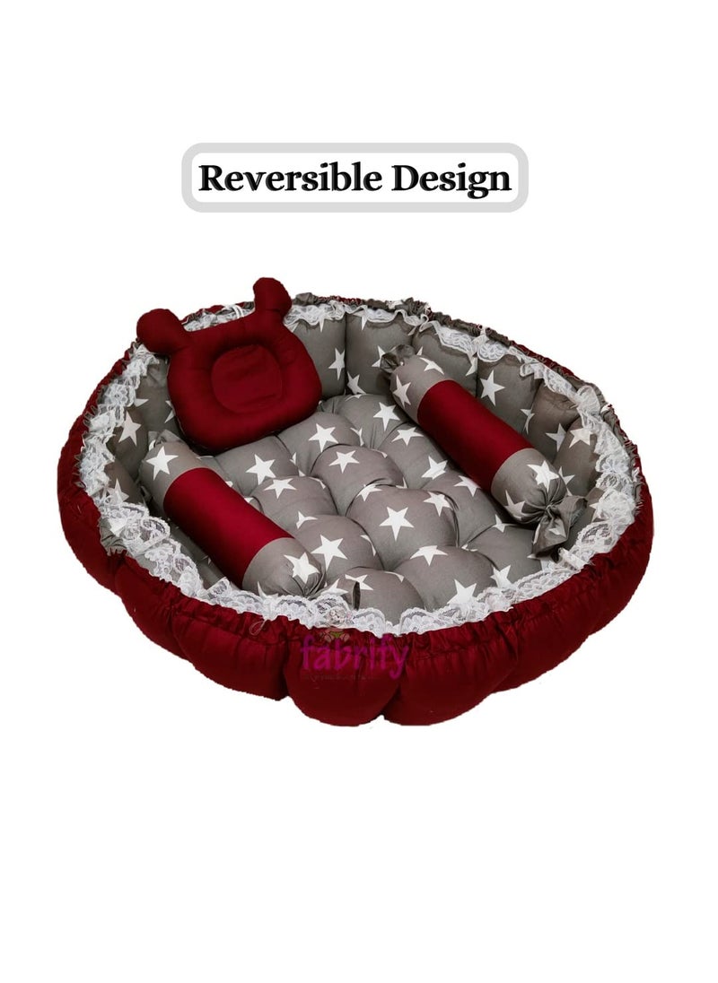 Fabrify Baby Reversible Round Bedding Set Cum Mattress with 3 Multi Shape Pillows for Newborns to Toddlers Unique 012 Month Without Mosquito Net
