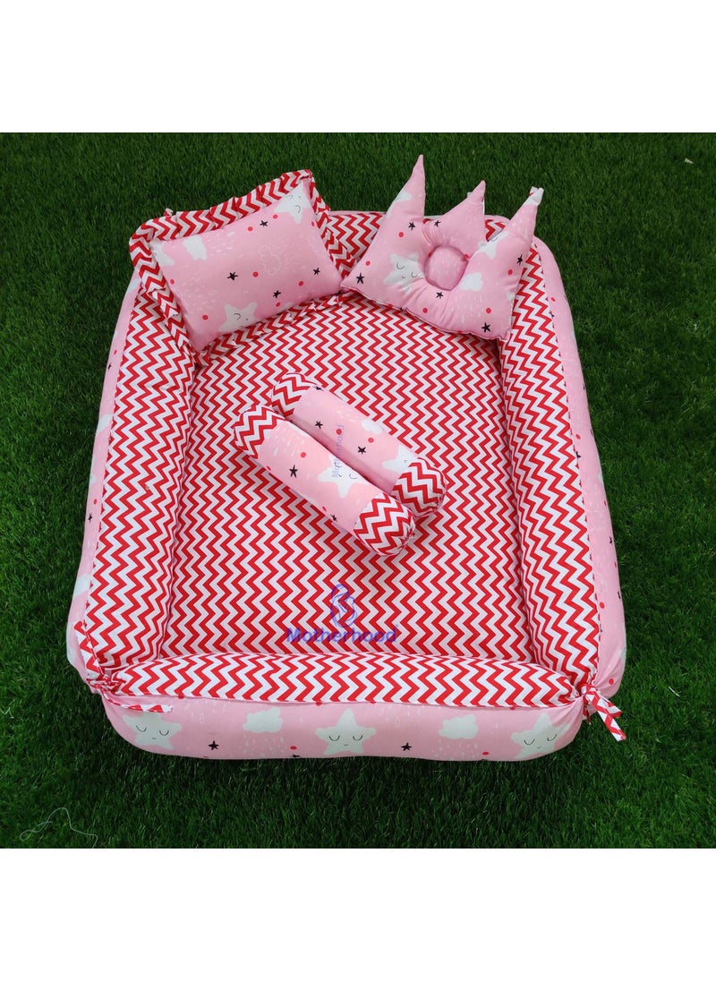 MOTHERHOOD Box Baby Tub Bed and 4 pc Baby Pillow Luxury Baby Mattress Bed Sleeper Bedding Set coSleeper Safe Cotton Fabric with RFilled UltraSoft Comfortable for Newborn to Toddlers Pink