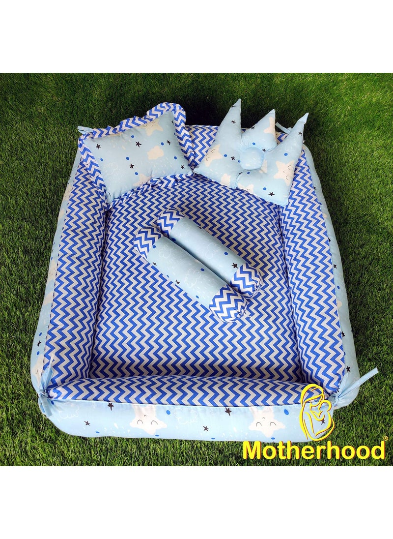 MOTHERHOOD Box Baby Tub Bed and 4 pc Baby Pillow Luxury Baby Mattress Bed Sleeper Bedding Set coSleeper Safe Cotton Fabric with RFilled UltraSoft Comfortable for Newborn to Toddlers Sky