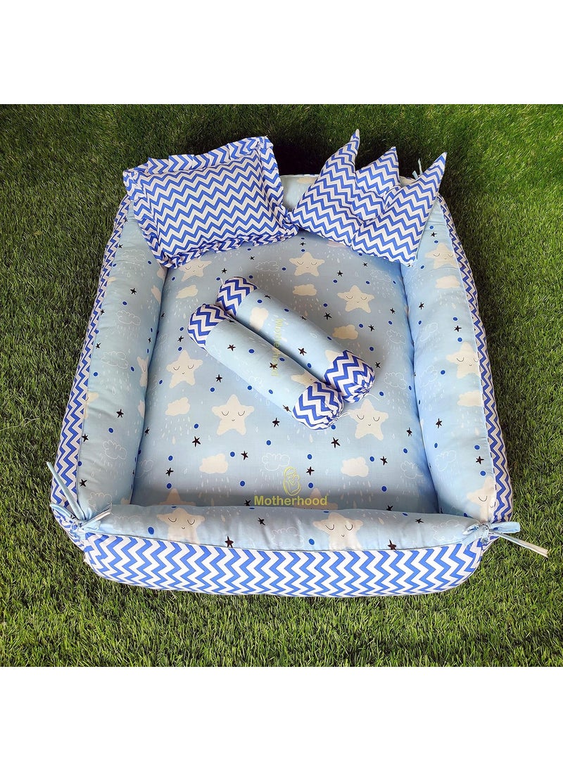 MOTHERHOOD Box Baby Tub Bed and 4 pc Baby Pillow Luxury Baby Mattress Bed Sleeper Bedding Set coSleeper Safe Cotton Fabric with RFilled UltraSoft Comfortable for Newborn to Toddlers Sky