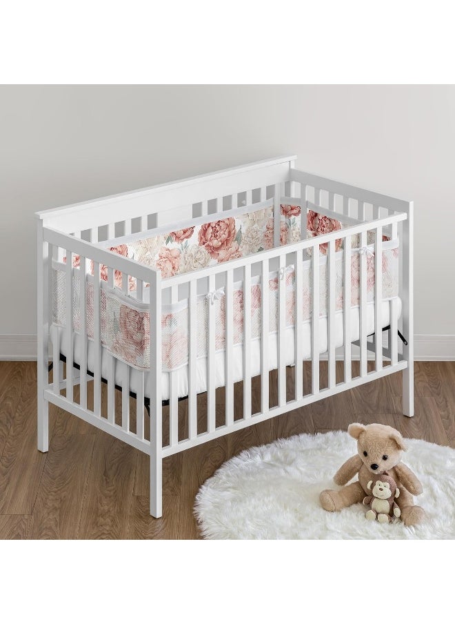 Sweet Jojo Designs + BreathableBaby Blush Pink Boho Shabby Chic Floral Girl Breathable Mesh Crib Liner Baby Infant Ivory Bohemian Vintage Garden Watercolor Flower Elegant Light Dusty Rose