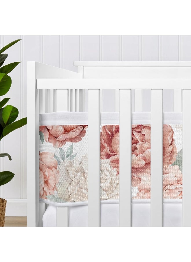 Sweet Jojo Designs + BreathableBaby Blush Pink Boho Shabby Chic Floral Girl Breathable Mesh Crib Liner Baby Infant Ivory Bohemian Vintage Garden Watercolor Flower Elegant Light Dusty Rose