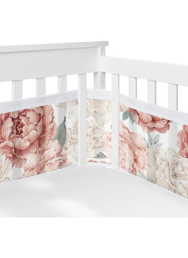 Sweet Jojo Designs + BreathableBaby Blush Pink Boho Shabby Chic Floral Girl Breathable Mesh Crib Liner Baby Infant Ivory Bohemian Vintage Garden Watercolor Flower Elegant Light Dusty Rose