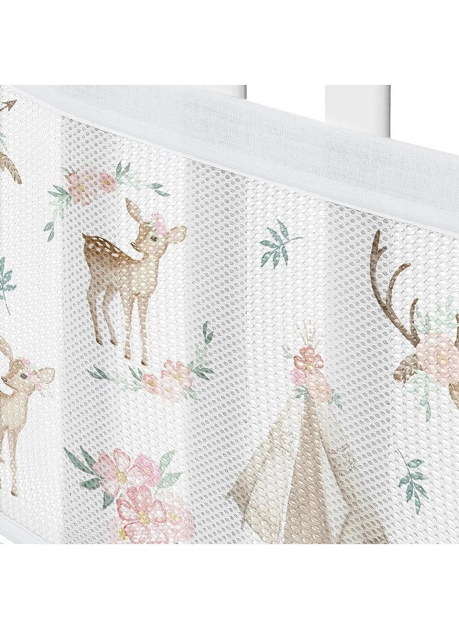 Sweet Jojo Designs + BreathableBaby Woodland Deer Floral Girl Breathable Mesh Crib Liner Anti-Bumper Baby and Infant Blush Pink Mint Green and White Boho Bohemian Watercolor Forest Animal Shabby Chic