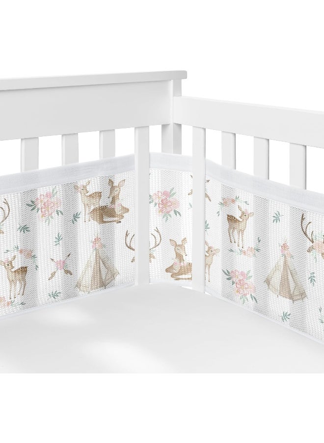 Sweet Jojo Designs + BreathableBaby Woodland Deer Floral Girl Breathable Mesh Crib Liner Anti-Bumper Baby and Infant Blush Pink Mint Green and White Boho Bohemian Watercolor Forest Animal Shabby Chic