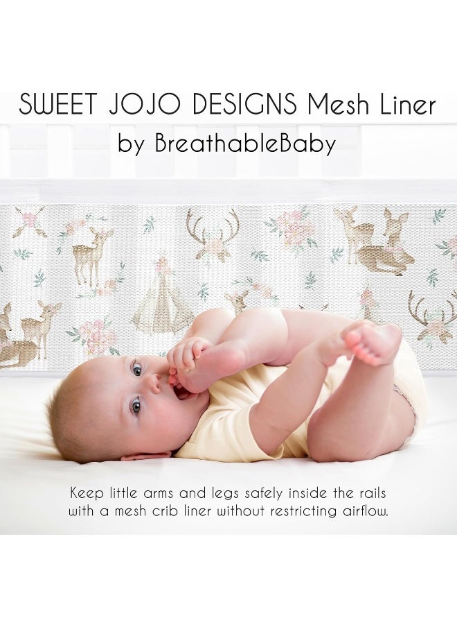 Sweet Jojo Designs + BreathableBaby Woodland Deer Floral Girl Breathable Mesh Crib Liner Anti-Bumper Baby and Infant Blush Pink Mint Green and White Boho Bohemian Watercolor Forest Animal Shabby Chic
