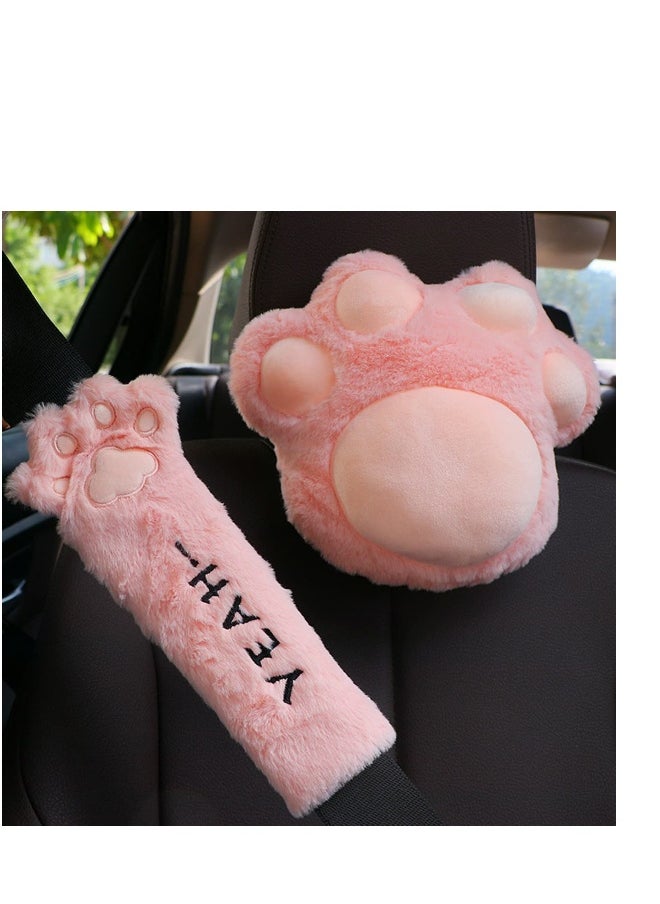 Car Headrest Pillow and Car Seat Belt Pad Set, Cute Pink Cat Claw Car Neck Pillow for Women, Cute Fashion Travel Car Neck Support Cushion Pillow Shoulder Strap Protectors Car Decor Accessories