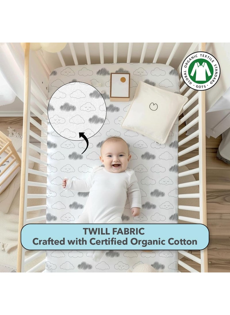 Cotton Baby Crib Fitted Bed Sheets for Cot Organic Twill Fabric Baby Bedding for New Born Infants Toddlers 38x24 Pack of 2 The White Cradle Star Clouds