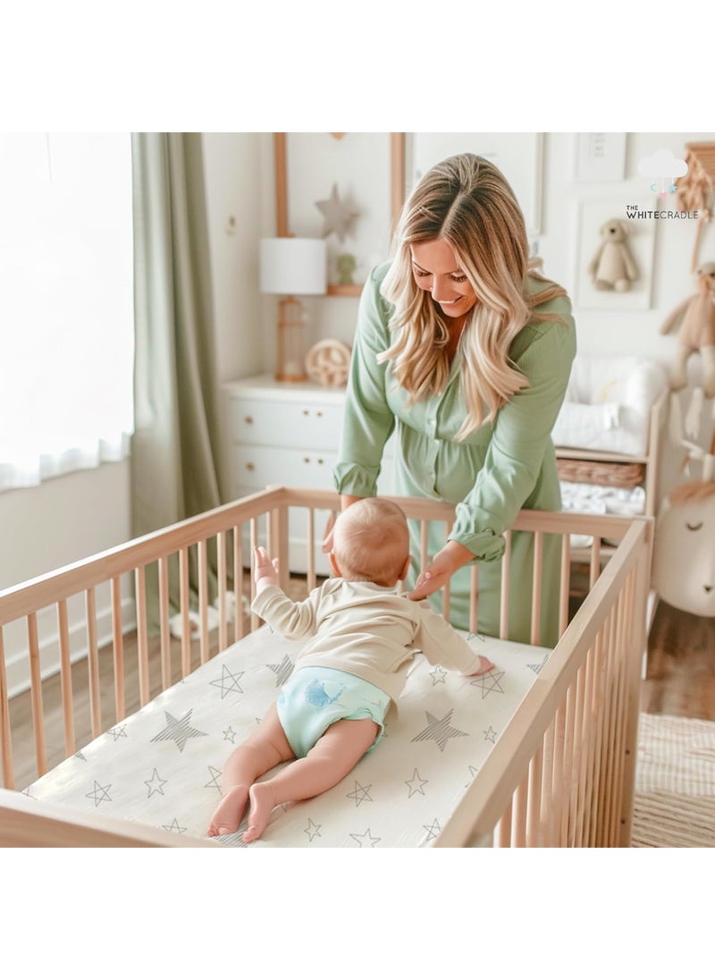 Cotton Baby Crib Fitted Bed Sheets for Cot Organic Twill Fabric Baby Bedding for New Born Infants Toddlers 28x14 Pack of 2 The White Cradle Star Clouds
