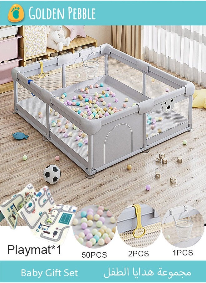 bbet Playpen, Playpen for Baby, 150*180cm Baby Play Area, Baby Playpen with Mat Baby Fence for Baby Safety,Fence for Kids ,Infant Indoor And Outdoor Kids Activity Center With 50 Pieces Ocean Balls and 2 Packs of Pull Rings حاجز العاب للاطفال سياج امان للعب الاطفال