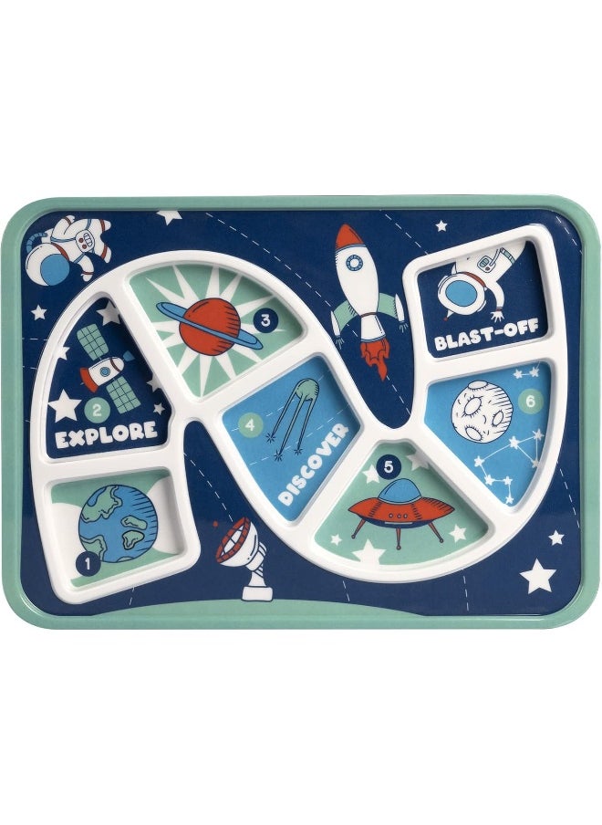 GSM Brands Kids Dinner Plate for Picky Eating Toddlers: Healthy Constructive Fun Meal Time, Divided Portions, Space Themed