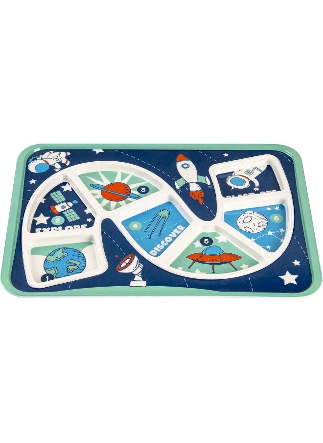 GSM Brands Kids Dinner Plate for Picky Eating Toddlers: Healthy Constructive Fun Meal Time, Divided Portions, Space Themed