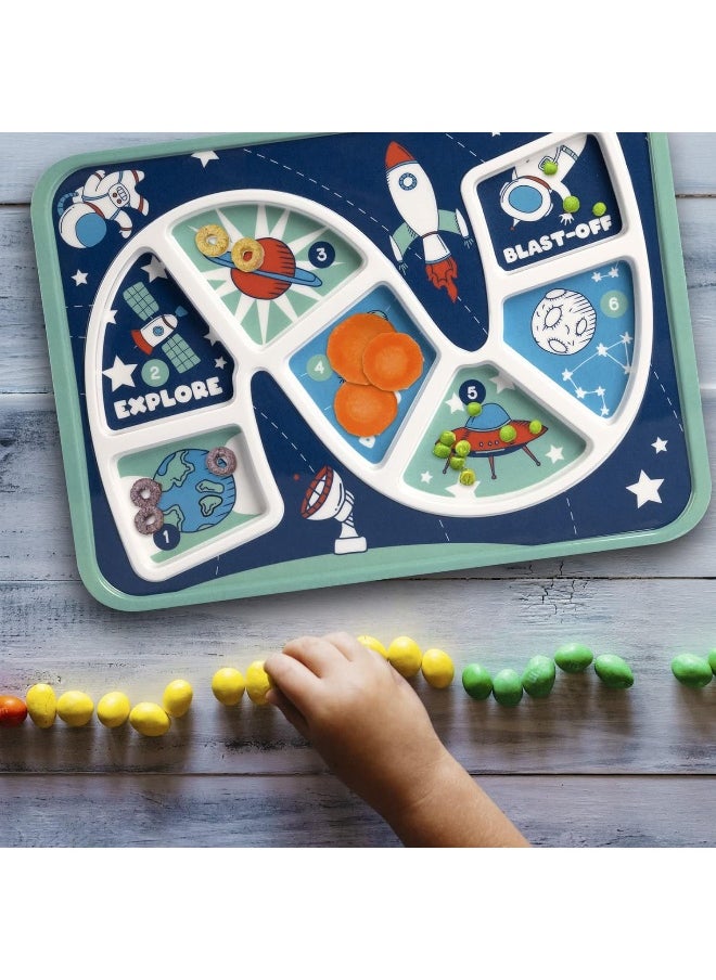 GSM Brands Kids Dinner Plate for Picky Eating Toddlers: Healthy Constructive Fun Meal Time, Divided Portions, Space Themed