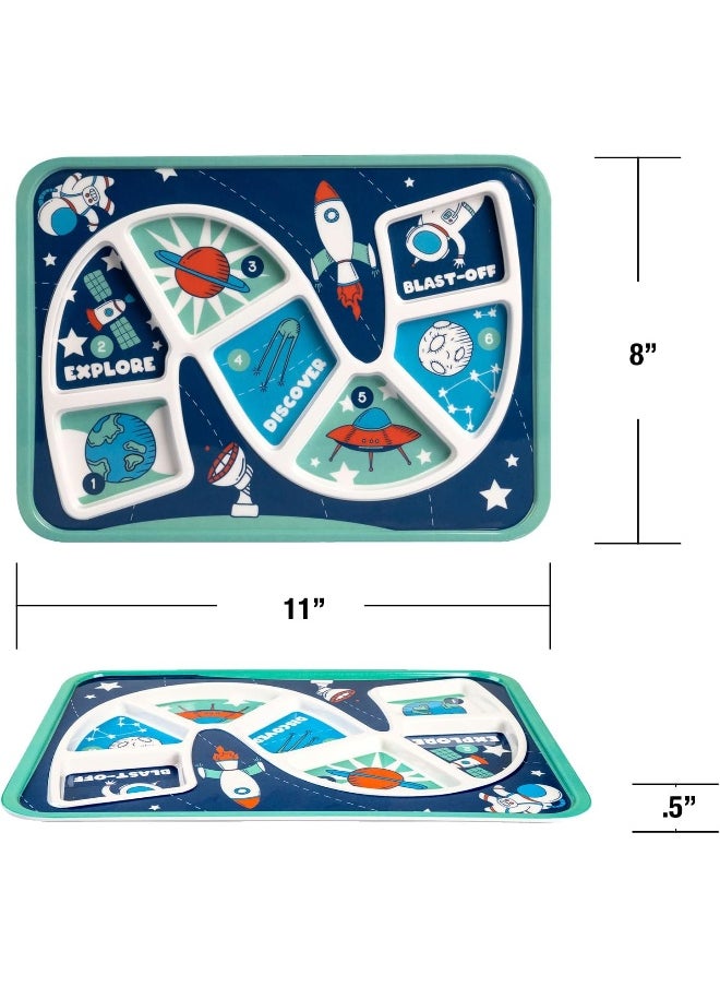 GSM Brands Kids Dinner Plate for Picky Eating Toddlers: Healthy Constructive Fun Meal Time, Divided Portions, Space Themed