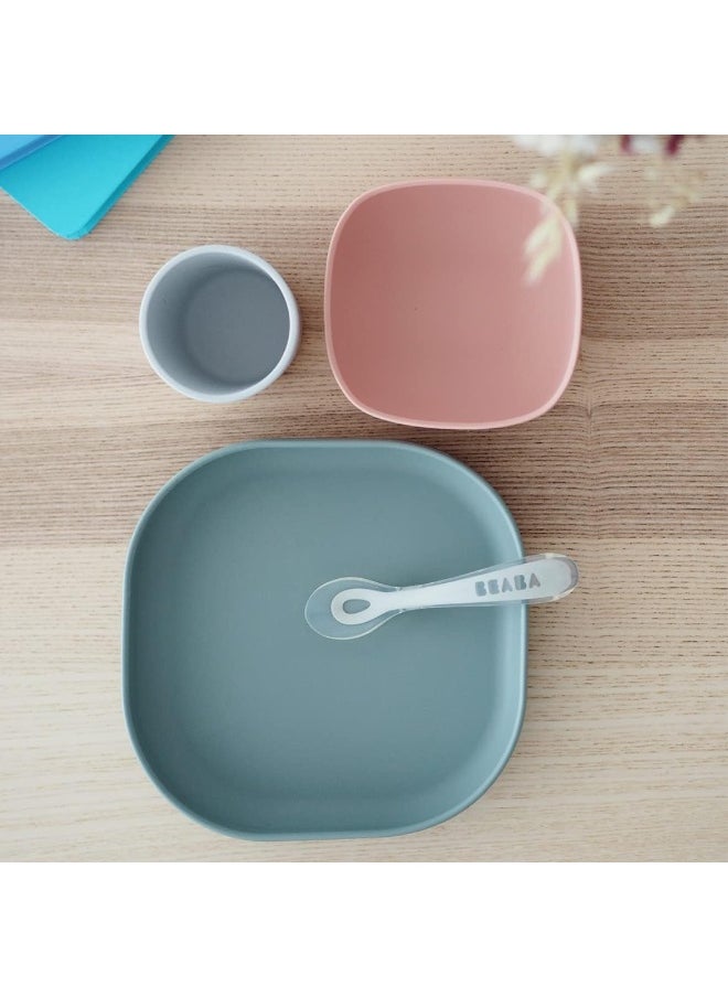 Béaba Silicone 4-Piece Dishware - 100% Silicone Baby Plate Set, Baby Bowls - Includes Baby Plate, Baby Bowl, Baby Cup, 2nd Stage Silicone Spoon, (Eucalyptus)