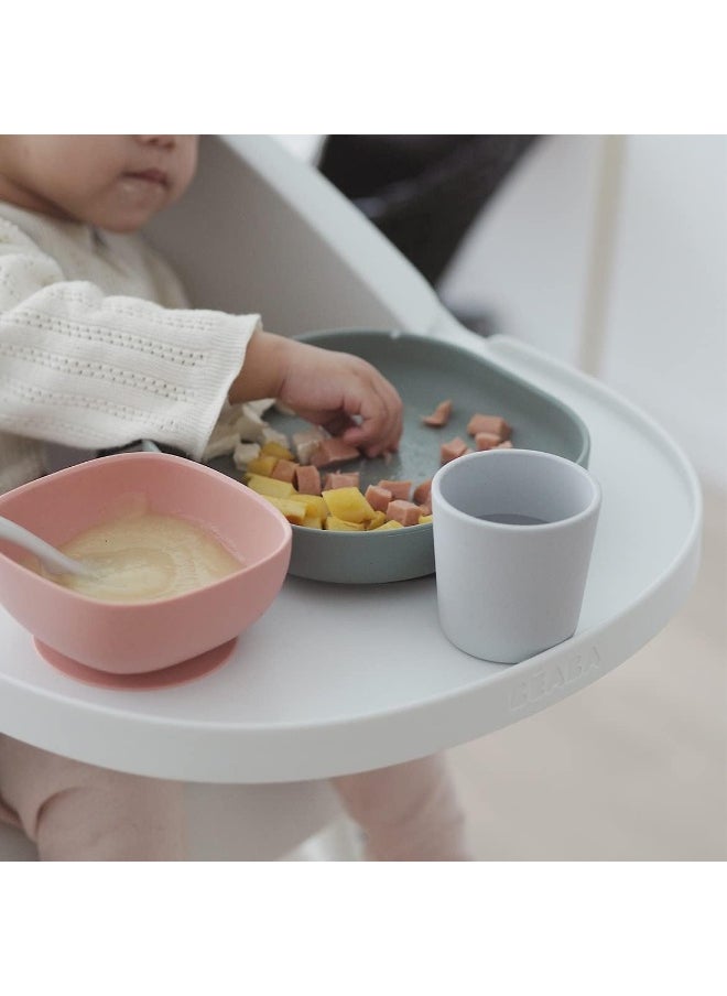 Béaba Silicone 4-Piece Dishware - 100% Silicone Baby Plate Set, Baby Bowls - Includes Baby Plate, Baby Bowl, Baby Cup, 2nd Stage Silicone Spoon, (Eucalyptus)