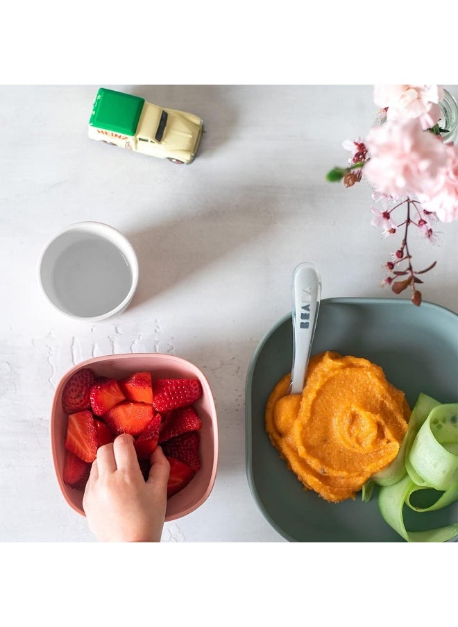 Béaba Silicone 4-Piece Dishware - 100% Silicone Baby Plate Set, Baby Bowls - Includes Baby Plate, Baby Bowl, Baby Cup, 2nd Stage Silicone Spoon, (Eucalyptus)