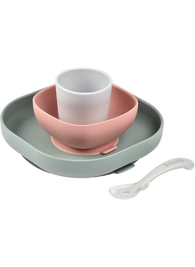 Béaba Silicone 4-Piece Dishware - 100% Silicone Baby Plate Set, Baby Bowls - Includes Baby Plate, Baby Bowl, Baby Cup, 2nd Stage Silicone Spoon, (Eucalyptus)