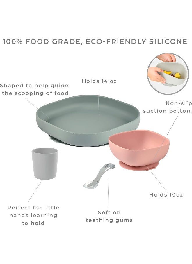 Béaba Silicone 4-Piece Dishware - 100% Silicone Baby Plate Set, Baby Bowls - Includes Baby Plate, Baby Bowl, Baby Cup, 2nd Stage Silicone Spoon, (Eucalyptus)
