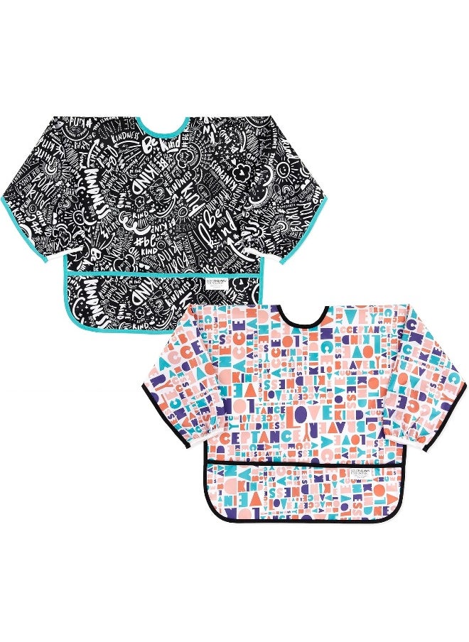 Bumkins Bibs, Baby and Toddler Bib, Bibs for Girls and Boys 6-24 Months, Long Sleeve Bib, Baby Bibs for Eating, Lightweight Waterproof Fabric Sleeved Smock (2-Pack)