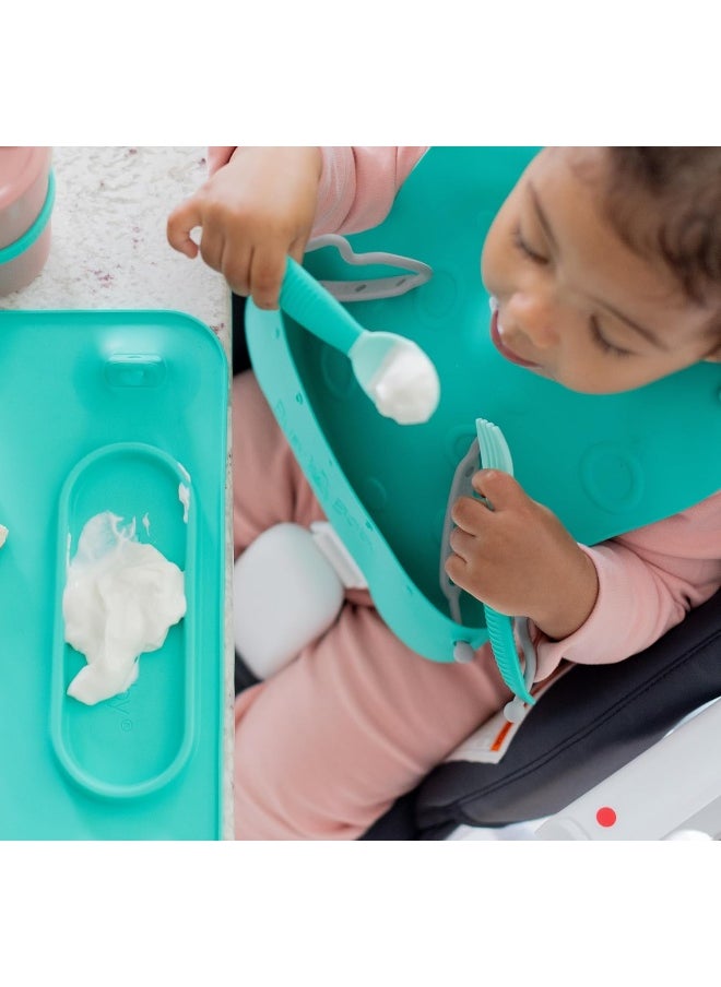 BUSY BABY Bungee Bib – Adjustable Silicone Bib with Pocket & Tether System for Mess-Free Meals with Babies & Toddlers