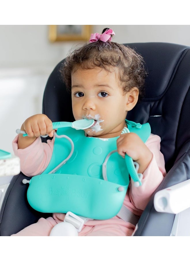 BUSY BABY Bungee Bib – Adjustable Silicone Bib with Pocket & Tether System for Mess-Free Meals with Babies & Toddlers