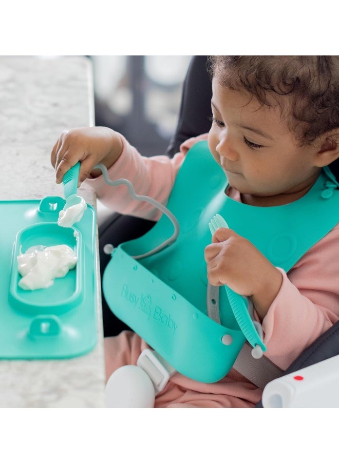 BUSY BABY Bungee Bib – Adjustable Silicone Bib with Pocket & Tether System for Mess-Free Meals with Babies & Toddlers