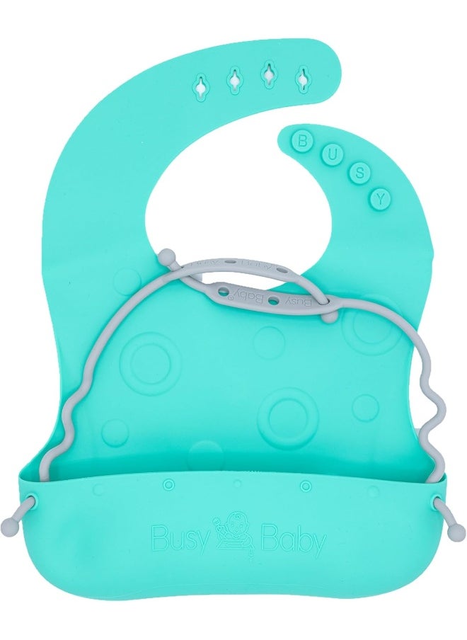 BUSY BABY Bungee Bib – Adjustable Silicone Bib with Pocket & Tether System for Mess-Free Meals with Babies & Toddlers