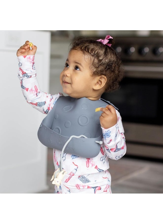 BUSY BABY Bungee Bib – Adjustable Silicone Bib with Pocket & Tether System for Mess-Free Meals with Babies & Toddlers