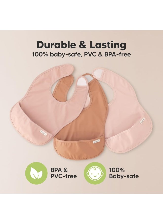 3-Pack Waterproof Baby Bibs for Eating - Lightweight Baby Bib with Food Catcher, Mess Proof Toddler Bibs, Waterproof Bibs for Baby Boys, Baby Girls, Feeding Bibs, Drool Bibs, Baby Food Bibs
