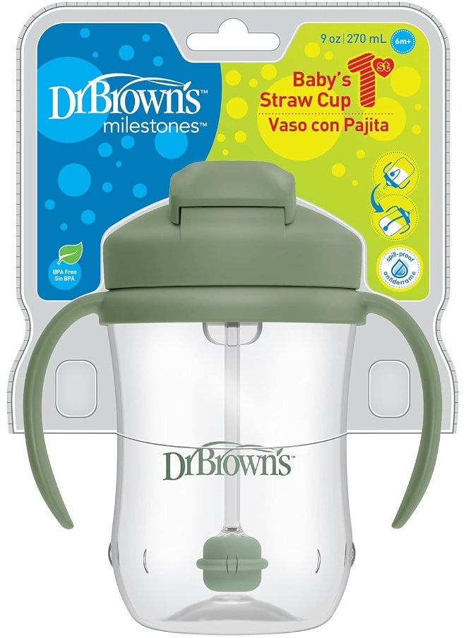 Dr. Brown's Milestones Baby's First Straw Cup, Training Cup with Weighted Straw, 9oz/270mL, Olive Green, BPA Free, 6m+