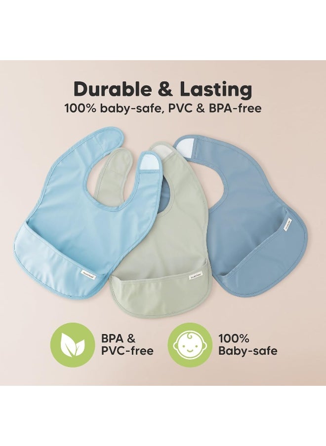 3-Pack Waterproof Baby Bibs for Eating - Lightweight Baby Bib with Food Catcher, Mess Proof Toddler Bibs, Waterproof Bibs for Baby Boys, Baby Girls, Feeding Bibs, Drool Bibs, Baby Food Bibs