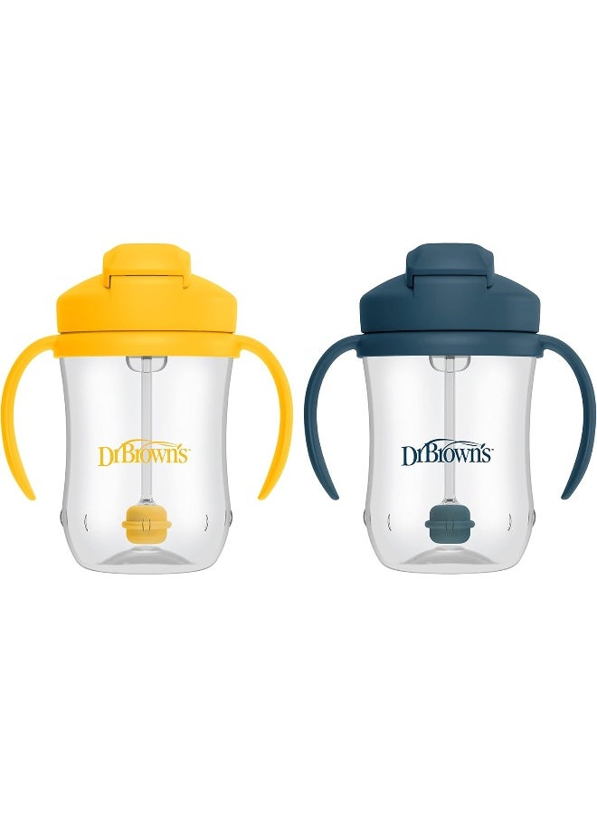 Dr. Brown's Milestones Baby's First Straw Cup Sippy Cup with Straw 6m+, 9oz/270ml, 2 Pack, Dark Blue & Vintage Yellow
