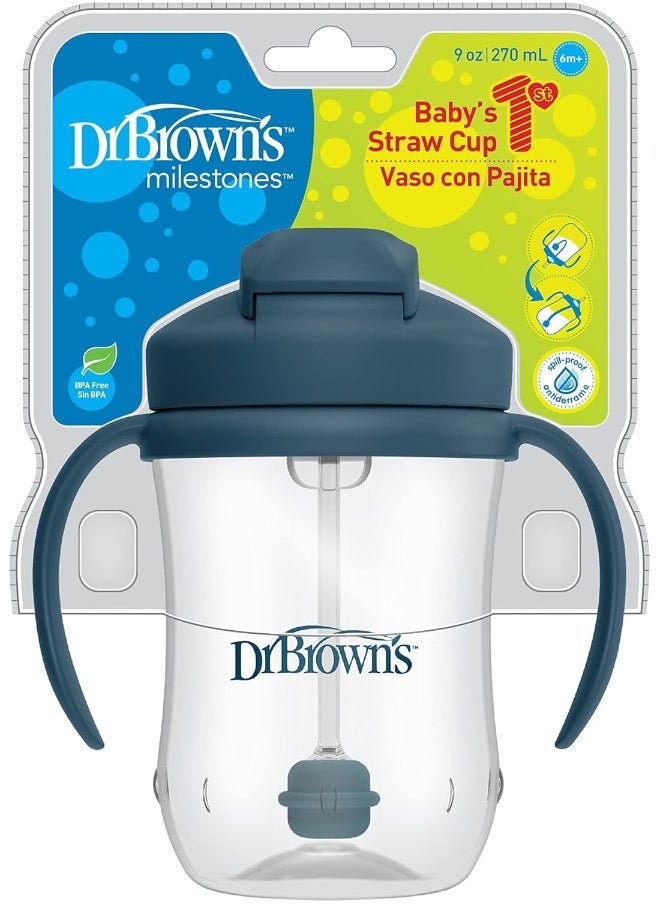 Dr. Brown's Milestones Baby's First Straw Cup, Training Cup with Weighted Straw, 9oz/270mL, Dark Blue, BPA Free, 6m+