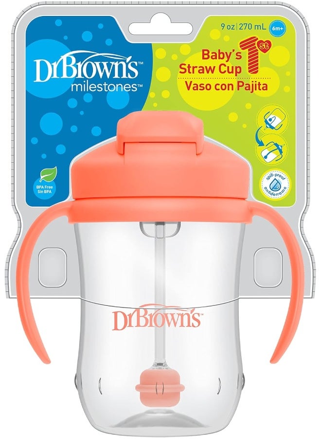Dr. Brown's Milestones Baby's First Straw Cup, Training Cup with Weighted Straw, 9oz/270mL, Coral, BPA Free, 6m+