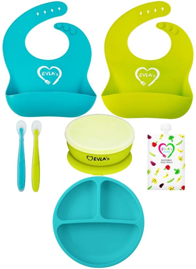 EVLA'S Baby Feeding Set Silicone Bib Plates Bowls Spoons Divided Plate Suction Bowl & Soft Spoon Aids Self Feeding Adjustable Bib Toddler/Babies One Size Lime Green and Turquoise