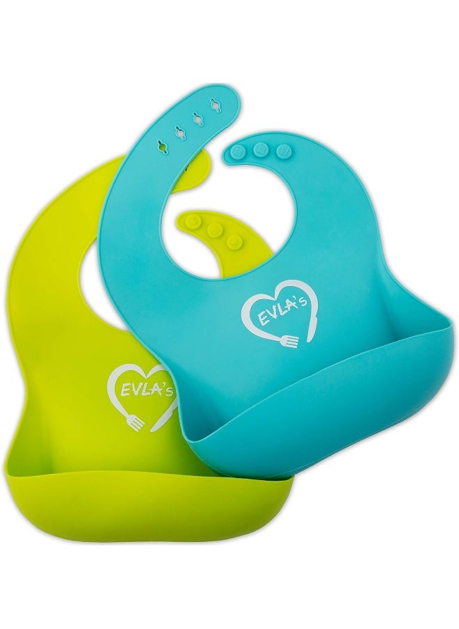 EVLA'S Baby Feeding Set Silicone Bib Plates Bowls Spoons Divided Plate Suction Bowl & Soft Spoon Aids Self Feeding Adjustable Bib Toddler/Babies One Size Lime Green and Turquoise