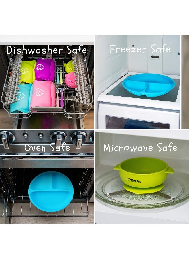 EVLA'S Baby Feeding Set Silicone Bib Plates Bowls Spoons Divided Plate Suction Bowl & Soft Spoon Aids Self Feeding Adjustable Bib Toddler/Babies One Size Lime Green and Turquoise