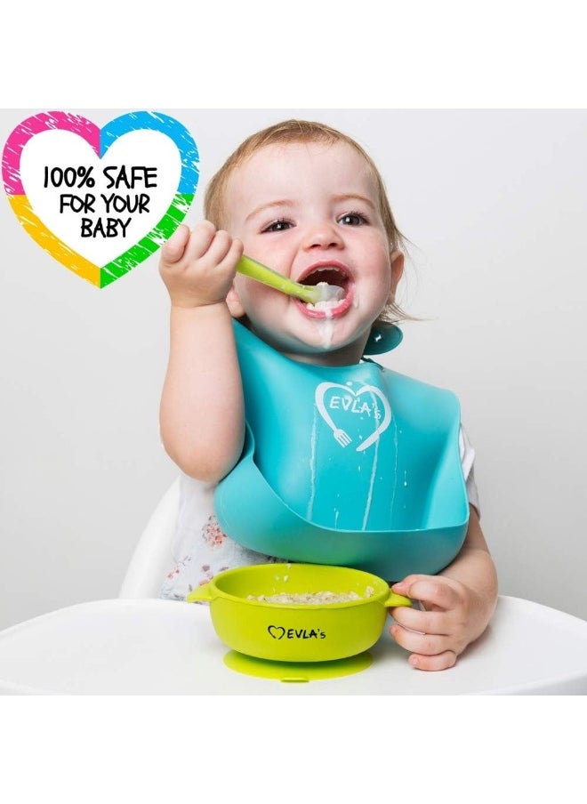 EVLA'S Baby Feeding Set Silicone Bib Plates Bowls Spoons Divided Plate Suction Bowl & Soft Spoon Aids Self Feeding Adjustable Bib Toddler/Babies One Size Lime Green and Turquoise