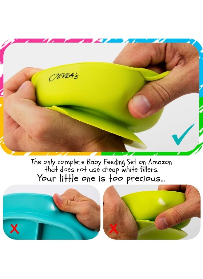 EVLA'S Baby Feeding Set Silicone Bib Plates Bowls Spoons Divided Plate Suction Bowl & Soft Spoon Aids Self Feeding Adjustable Bib Toddler/Babies One Size Lime Green and Turquoise
