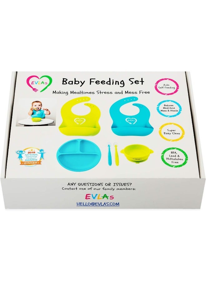 EVLA'S Baby Feeding Set Silicone Bib Plates Bowls Spoons Divided Plate Suction Bowl & Soft Spoon Aids Self Feeding Adjustable Bib Toddler/Babies One Size Lime Green and Turquoise