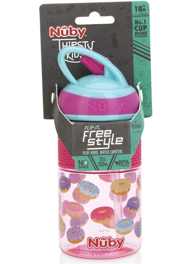 Nuby Thirsty Kids Flip-it Freestyle On the Go Water Bottle with Bite Resistant Hard Straw Cup and Easy Grip Band