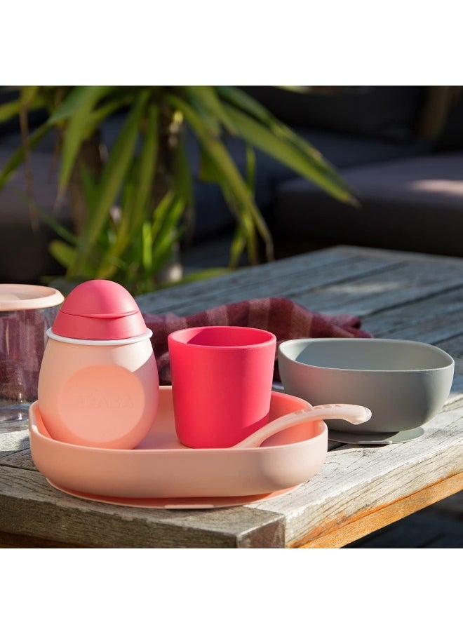 Béaba Silicone 4-Piece Dishware - 100% Silicone Baby Plate Set, Baby Bowls - Includes Baby Plate, Baby Bowl, Baby Cup, 2nd Stage Silicone Spoon, (Rose)
