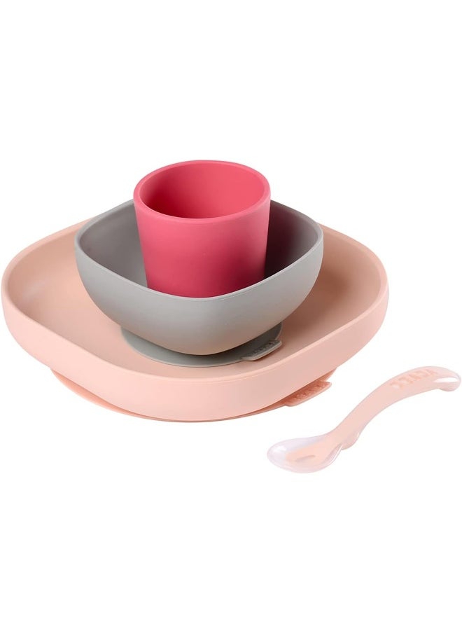 Béaba Silicone 4-Piece Dishware - 100% Silicone Baby Plate Set, Baby Bowls - Includes Baby Plate, Baby Bowl, Baby Cup, 2nd Stage Silicone Spoon, (Rose)
