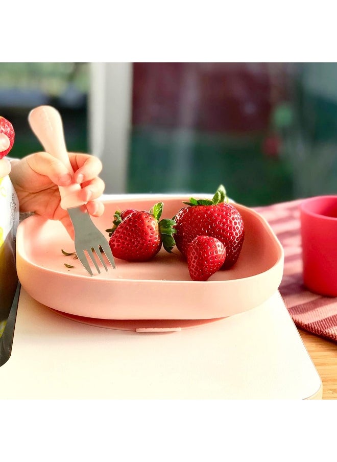 Béaba Silicone 4-Piece Dishware - 100% Silicone Baby Plate Set, Baby Bowls - Includes Baby Plate, Baby Bowl, Baby Cup, 2nd Stage Silicone Spoon, (Rose)