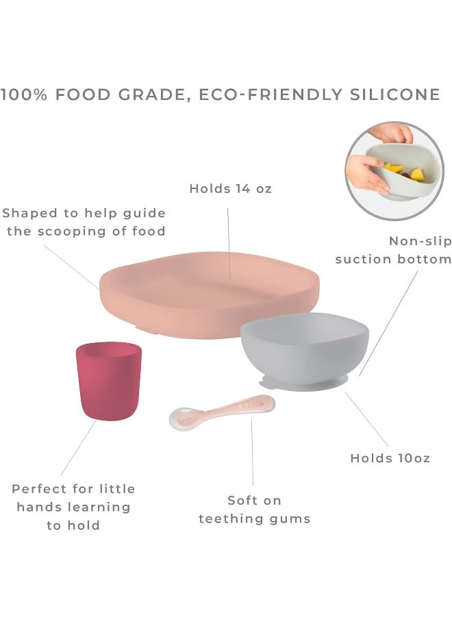 Béaba Silicone 4-Piece Dishware - 100% Silicone Baby Plate Set, Baby Bowls - Includes Baby Plate, Baby Bowl, Baby Cup, 2nd Stage Silicone Spoon, (Rose)